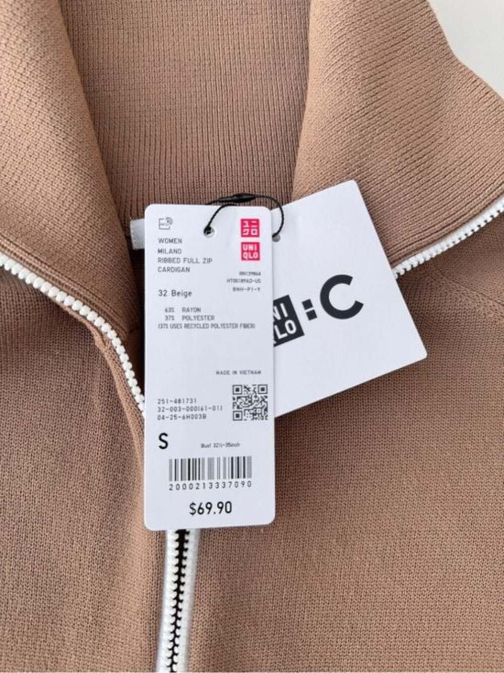 Uniqlo :C women's Milano ribbed full zip cardigan in beige 2026 - Picture 3 of 6